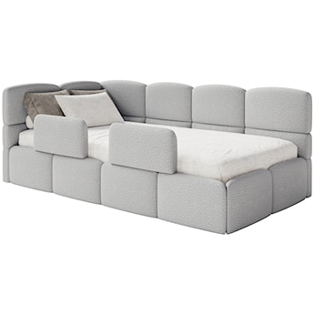 Łóżko młodzieżowe 90x200 cm Cloudy lewostronne z pojemnikiem i barierkami szarobeżowe boucle