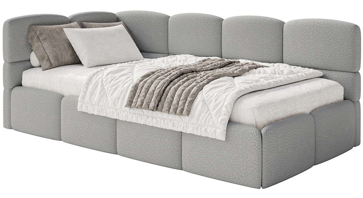 Łóżko młodzieżowe 90x200 cm Cloudy lewostronne z pojemnikiem szare boucle