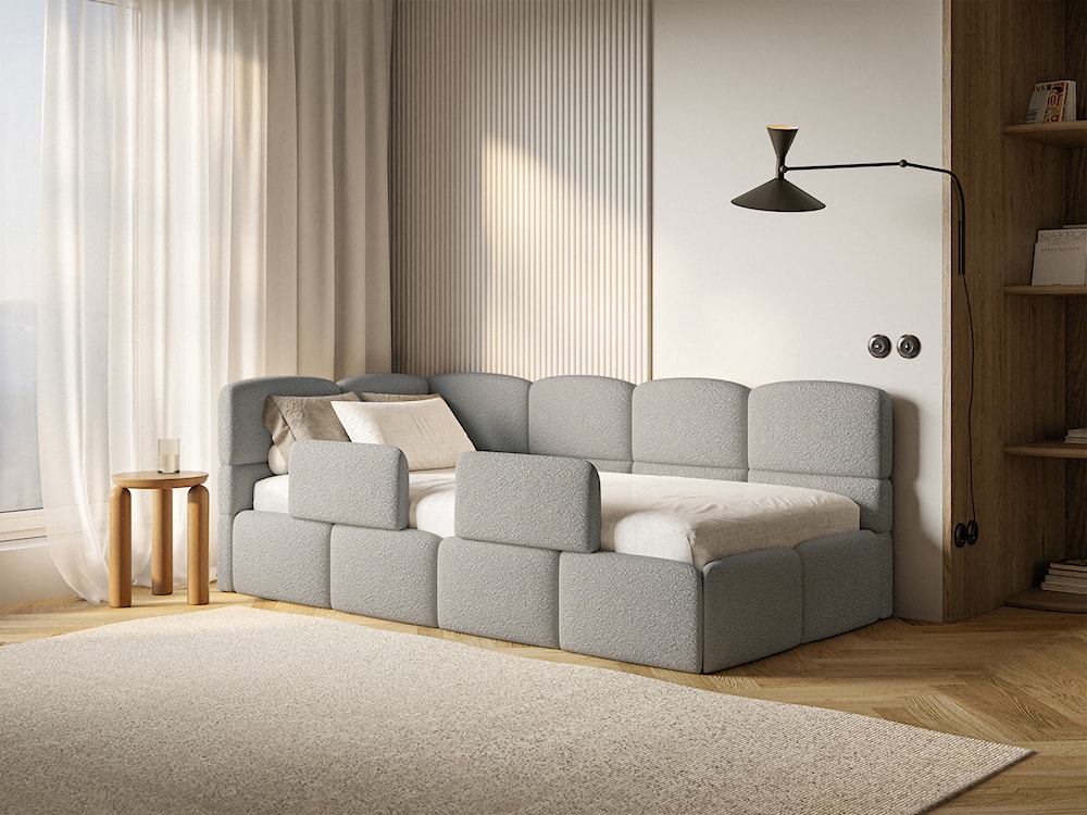 Łóżko młodzieżowe 90x200 cm Cloudy lewostronne z pojemnikiem i barierkami szare boucle  - zdjęcie 2