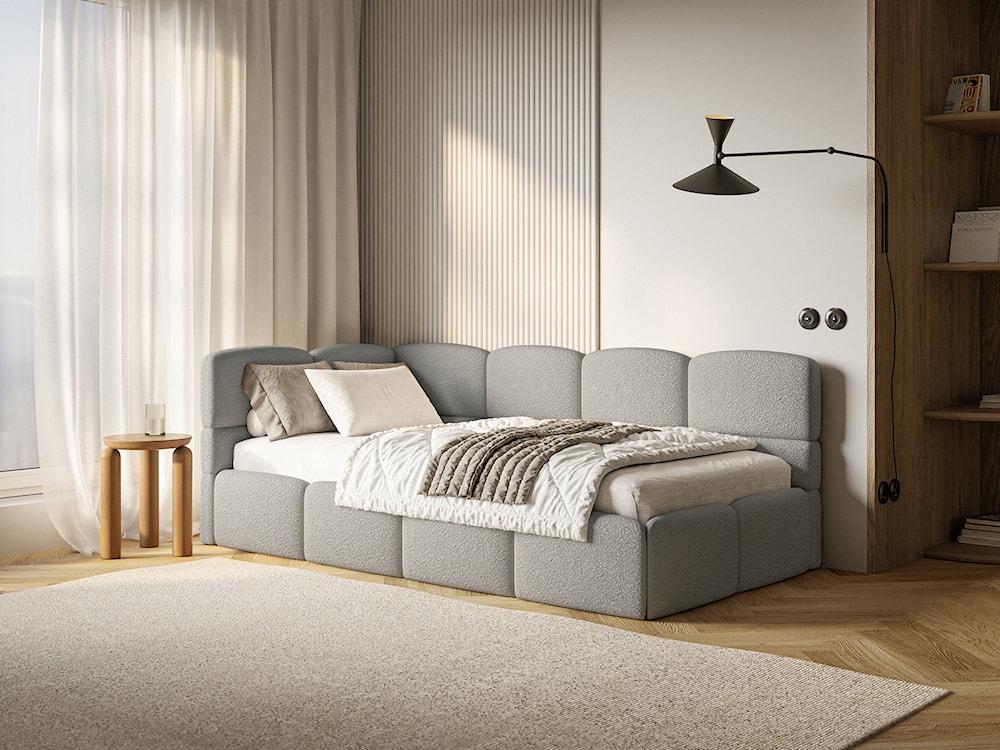 Łóżko młodzieżowe 90x200 cm Cloudy lewostronne z pojemnikiem i barierkami szare boucle  - zdjęcie 5