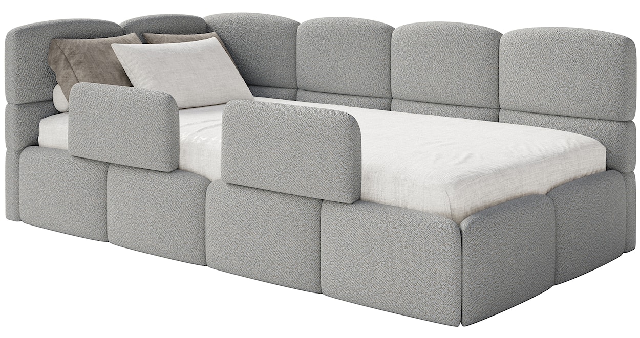 Łóżko młodzieżowe 90x200 cm Cloudy lewostronne z materacem pojemnikiem i barierkami szare boucle