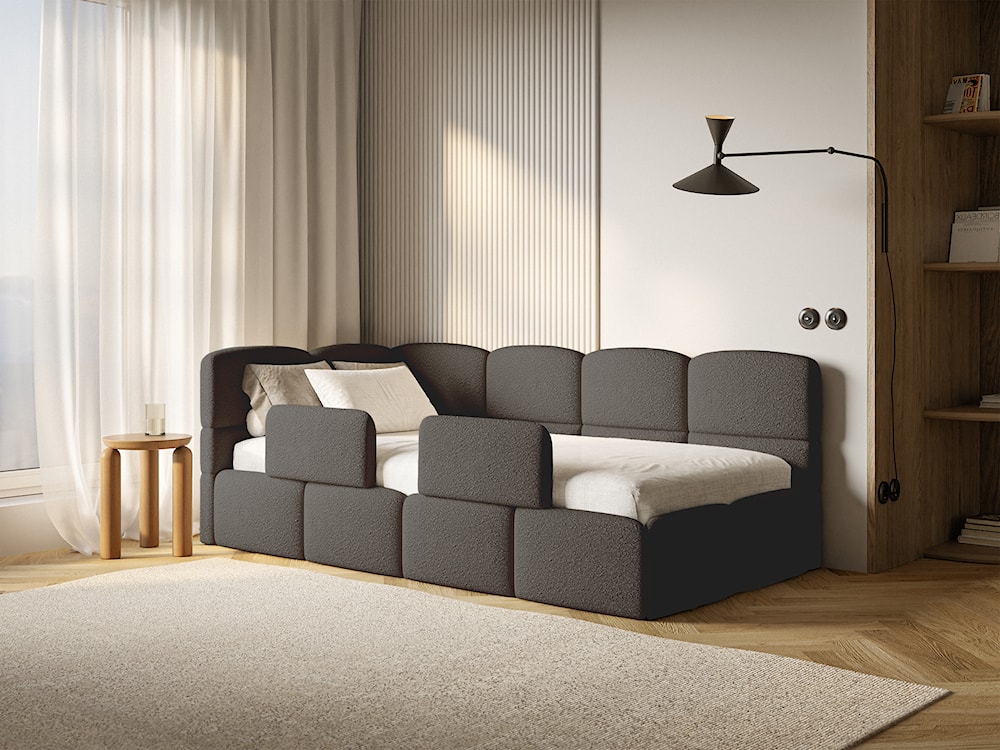 Łóżko młodzieżowe 90x200 cm Cloudy lewostronne z materacem pojemnikiem i barierkami brązowe boucle  - zdjęcie 2