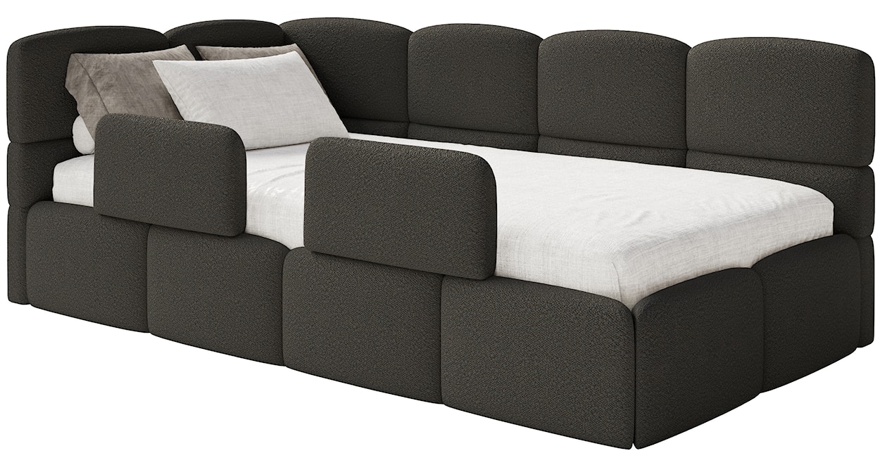 Łóżko młodzieżowe 90x200 cm Cloudy lewostronne z materacem pojemnikiem i barierkami brązowe boucle