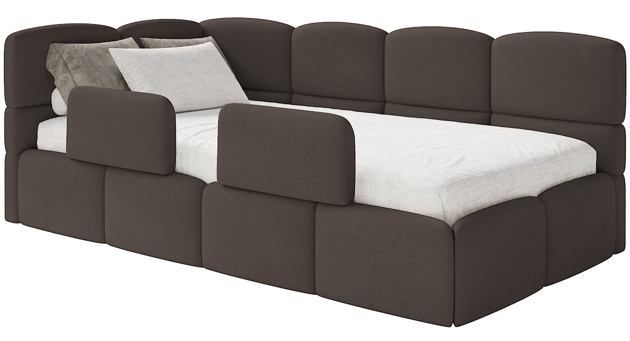 Łóżko młodzieżowe 90x200 cm Cloudy lewostronne z pojemnikiem i barierkami brązowe szenil