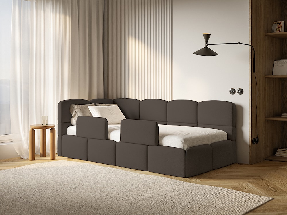 Łóżko młodzieżowe 90x200 cm Cloudy lewostronne z pojemnikiem i barierkami brązowe szenil  - zdjęcie 2