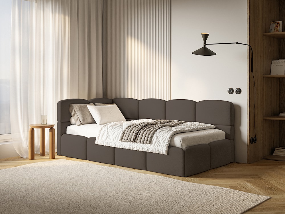 Łóżko młodzieżowe 90x200 cm Cloudy lewostronne z pojemnikiem i barierkami brązowe szenil  - zdjęcie 11