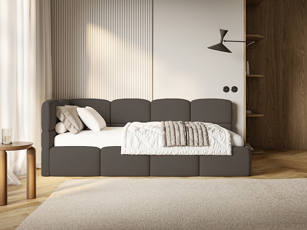 Łóżko młodzieżowe 90x200 cm Cloudy lewostronne z pojemnikiem i barierkami brązowe szenil  - zdjęcie 12