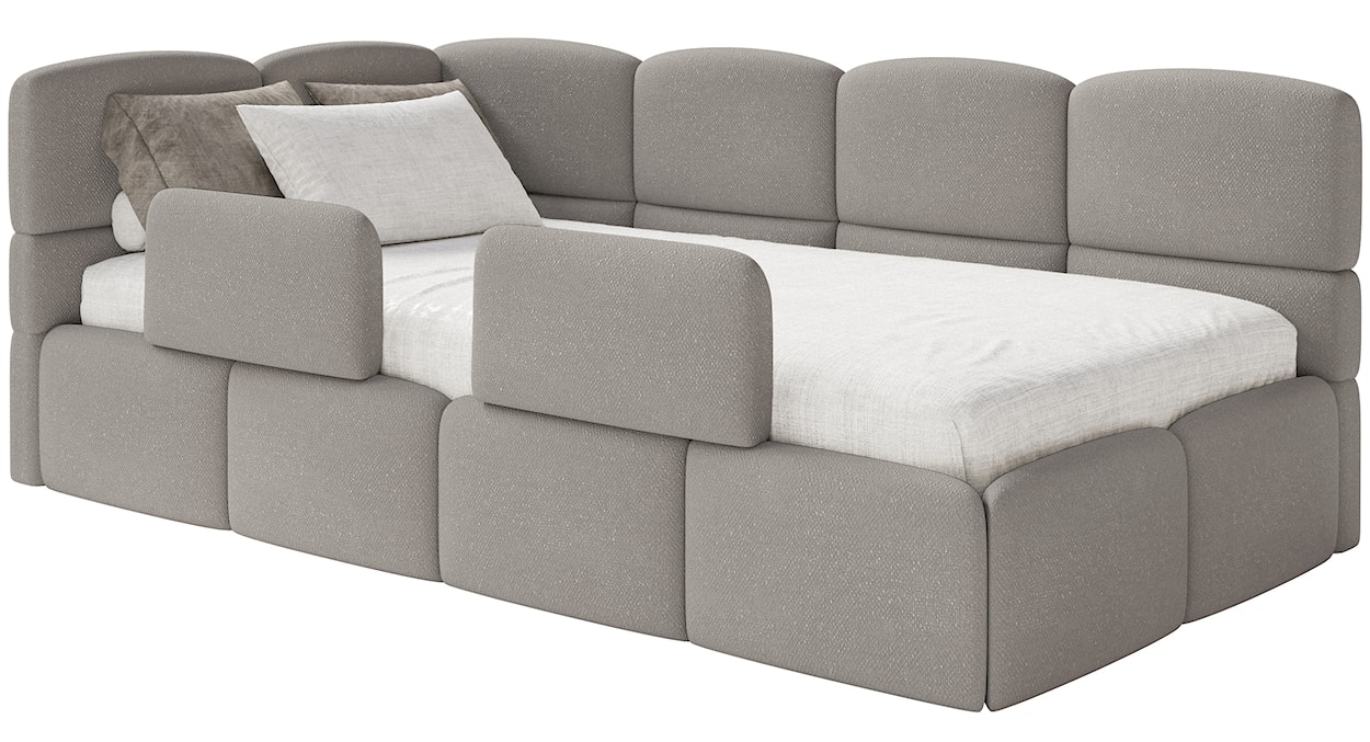 Łóżko młodzieżowe 90x200 cm Cloudy lewostronne z pojemnikiem i barierkami jasnobrązowe szenil