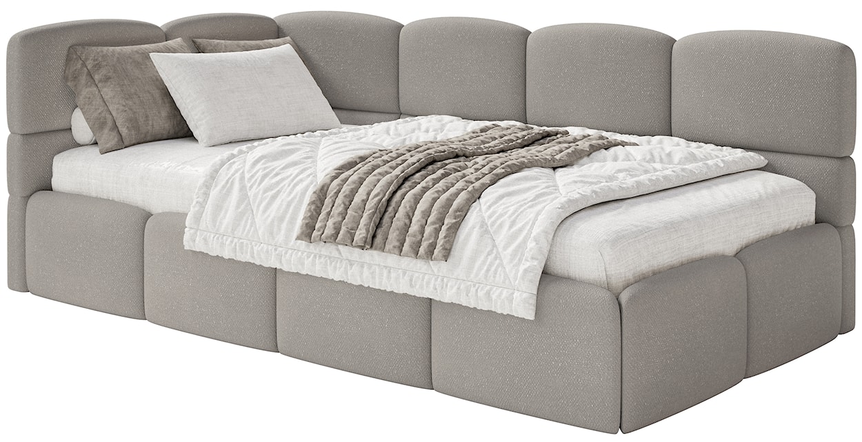 Łóżko młodzieżowe 90x200 cm Cloudy lewostronne z materacem i pojemnikiem jasnobrązowe szenil