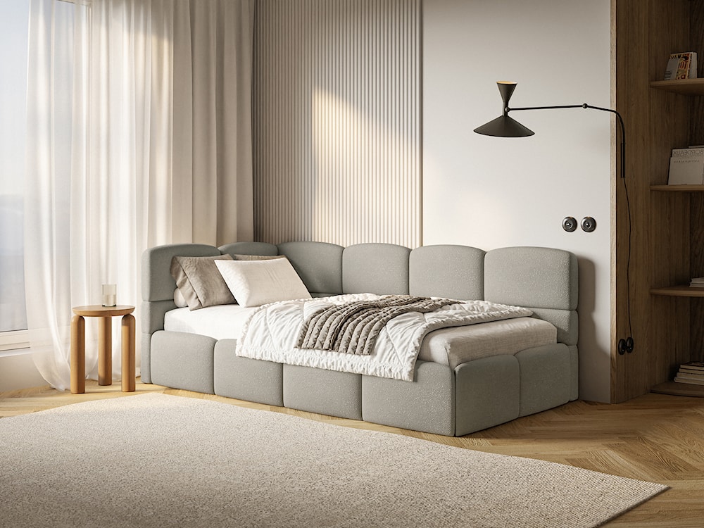 Łóżko młodzieżowe 90x200 cm Cloudy lewostronne z materacem i pojemnikiem jasnobrązowe szenil  - zdjęcie 2