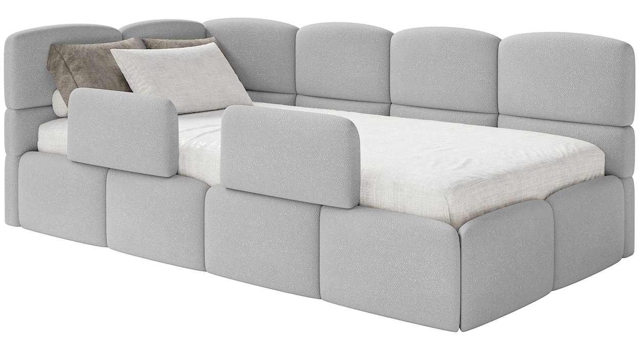 Łóżko młodzieżowe 90x200 cm Cloudy lewostronne z materacem pojemnikiem i barierkami jasnoszare szenil