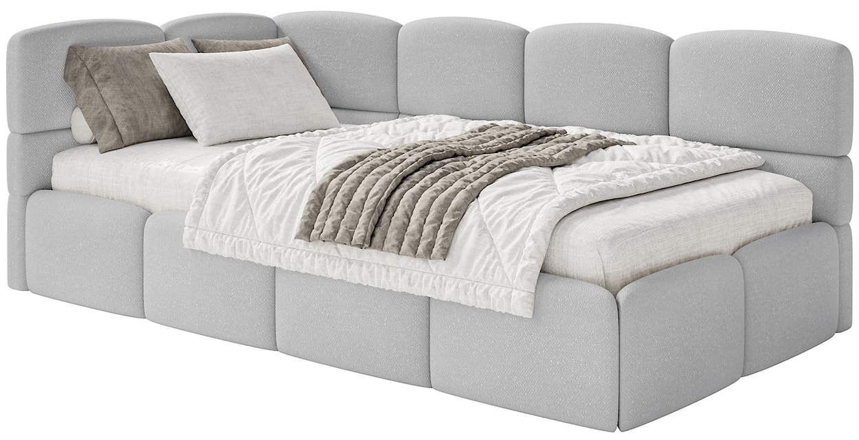 Łóżko młodzieżowe 90x200 cm Cloudy lewostronne z materacem i pojemnikiem jasnoszare szenil