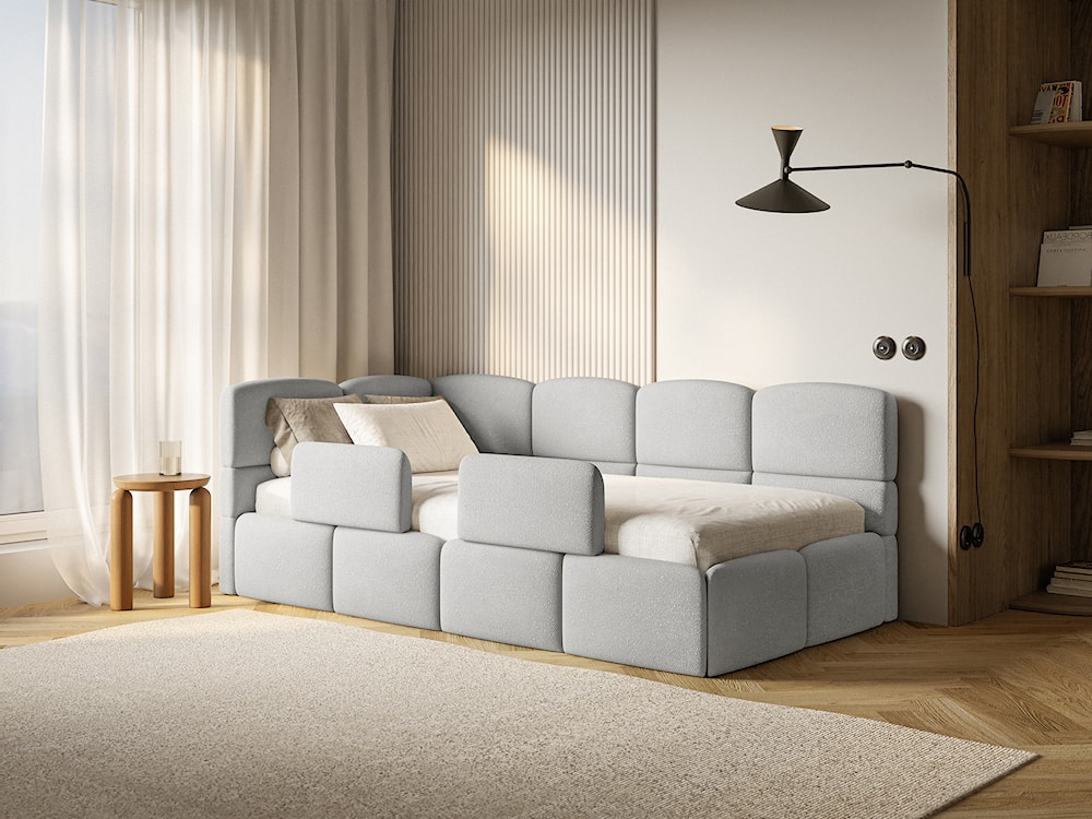 Łóżko młodzieżowe 90x200 cm Cloudy lewostronne z materacem pojemnikiem i barierkami jasnoszare szenil  - zdjęcie 2