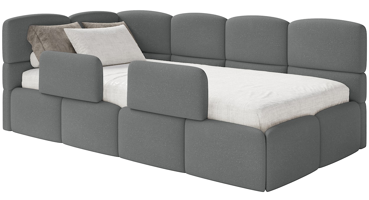 Łóżko młodzieżowe 90x200 cm Cloudy lewostronne z materacem pojemnikiem i barierkami ciemnoszare szenil