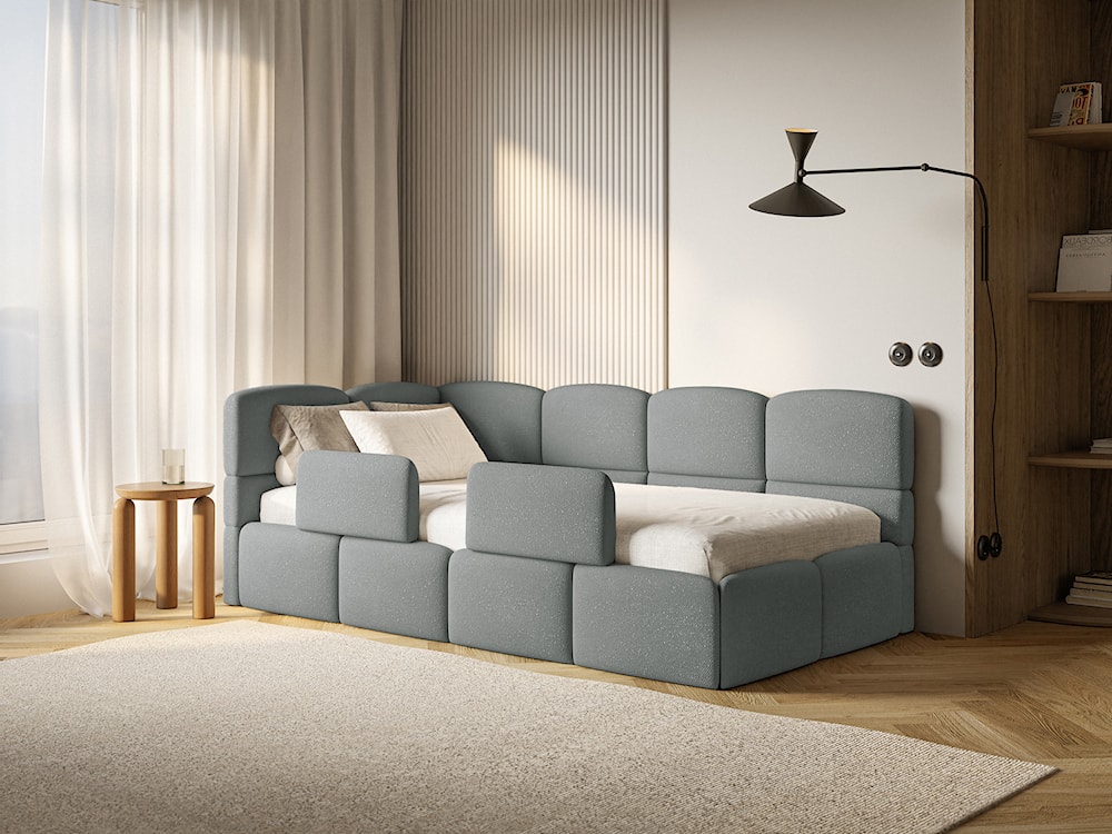 Łóżko młodzieżowe 90x200 cm Cloudy lewostronne z materacem pojemnikiem i barierkami ciemnoszare szenil  - zdjęcie 2