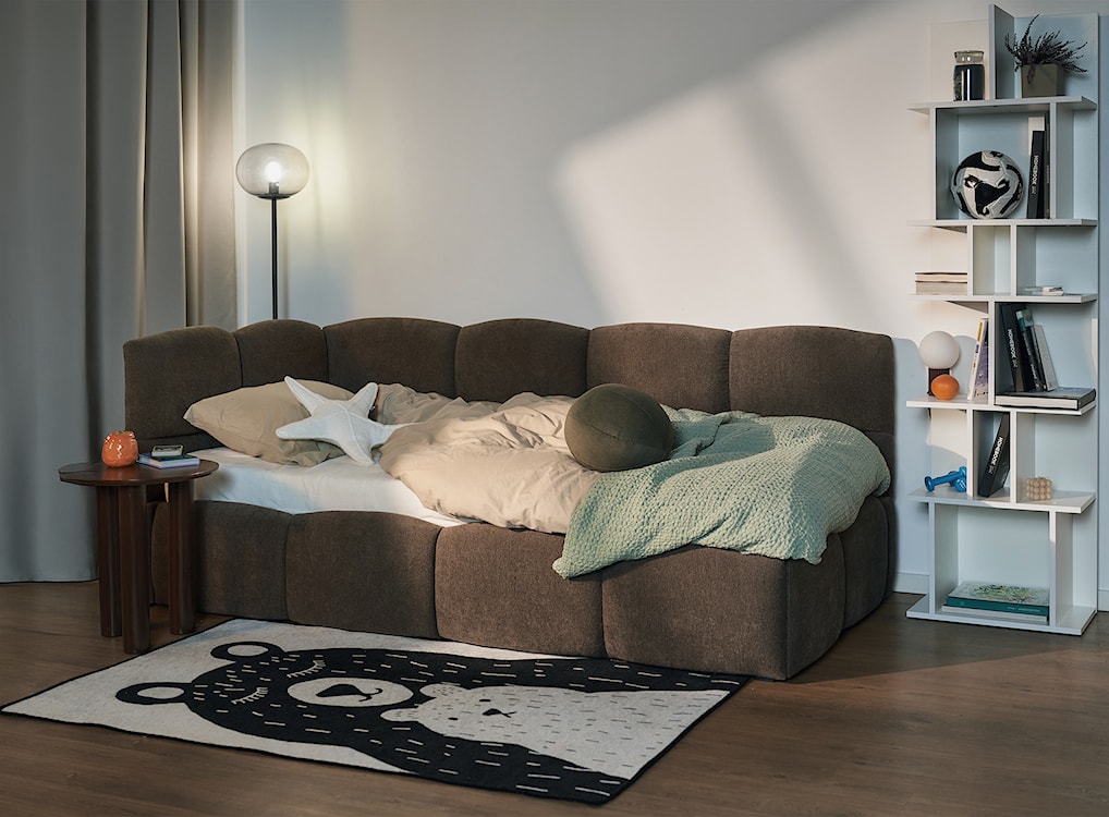 Łóżko młodzieżowe 90x200 cm Cloudy lewostronne z pojemnikiem i barierkami brązowe szenil  - zdjęcie 4