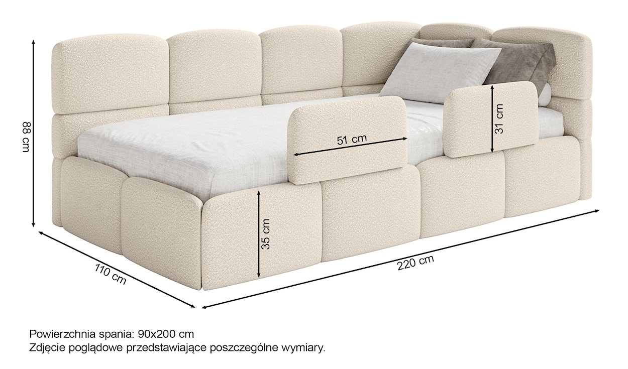 Łóżko młodzieżowe Cloudy prawostronne z materacem pojemnikiem i dwoma stoperami jasnobeżowe boucle  - zdjęcie 10