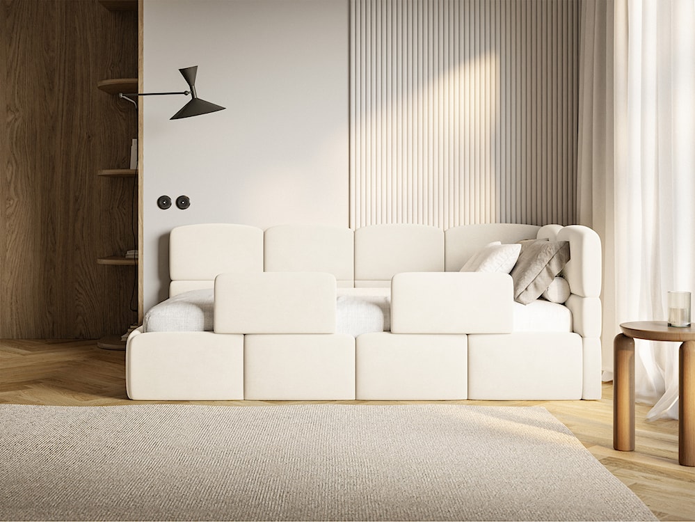 Łóżko młodzieżowe 90x200 cm Cloudy prawostronne z pojemnikiem i barierkami kremowe welur hydrofobowy łatwoczyszczący  - zdjęcie 5