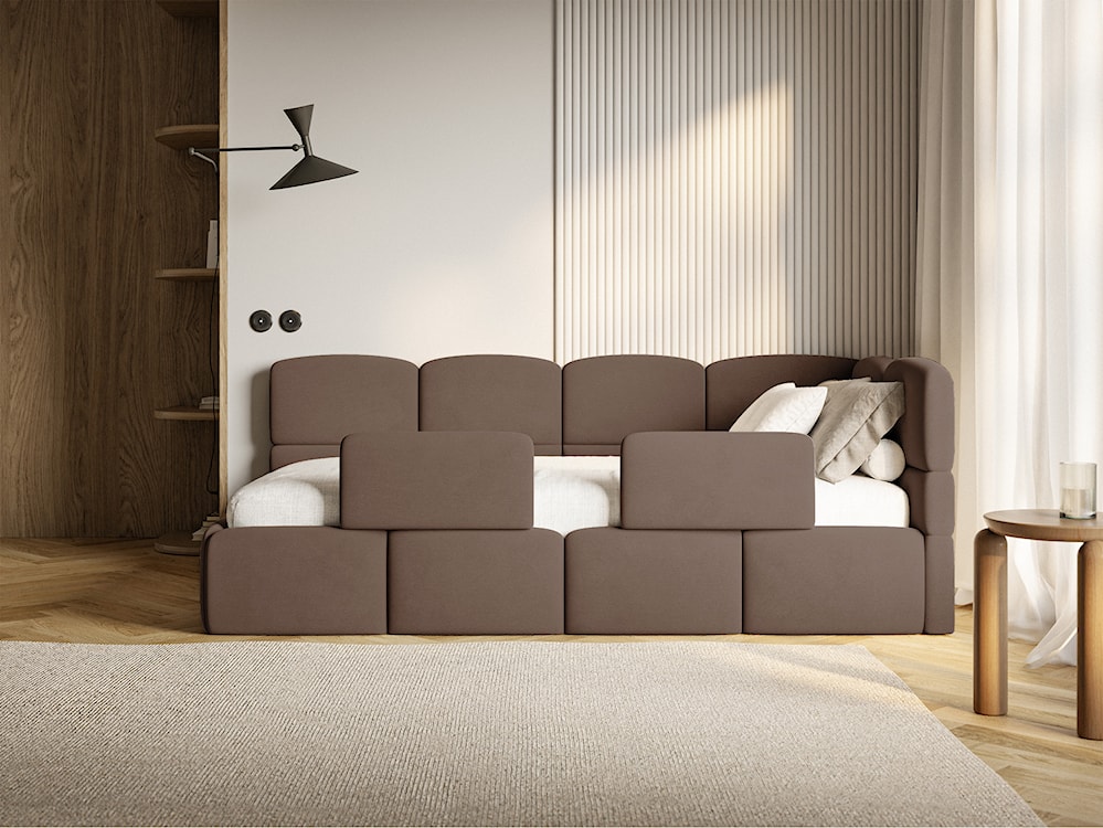 Łóżko młodzieżowe 90x200 cm Cloudy prawostronne z pojemnikiem i barierkami brązowe welur hydrofobowy łatwoczyszczący  - zdjęcie 5