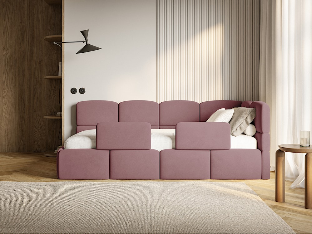 Łóżko młodzieżowe 90x200 cm Cloudy prawostronne z pojemnikiem i barierkami różowe welur hydrofobowy łatwoczyszczący  - zdjęcie 5