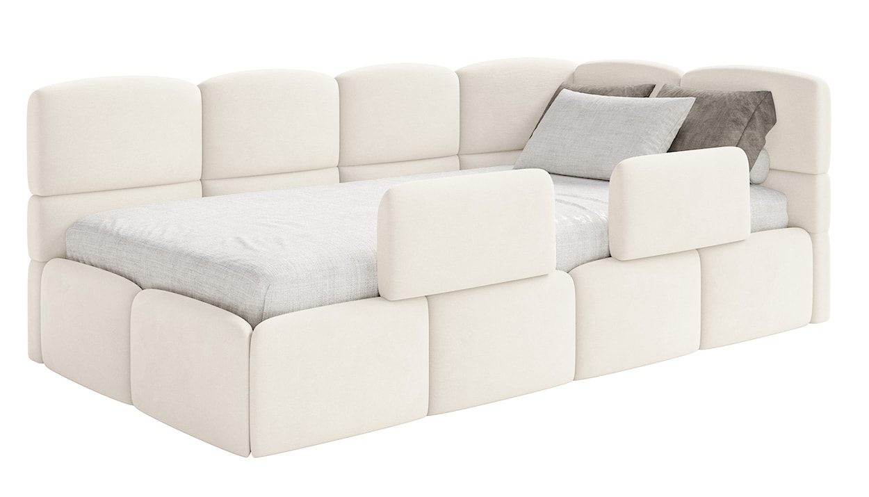 Łóżko młodzieżowe 90x200 cm Cloudy prawostronne z pojemnikiem i barierkami kremowe welur hydrofobowy łatwoczyszczący