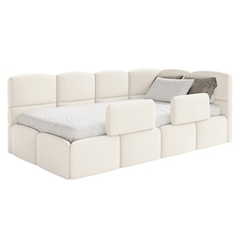 Łóżko młodzieżowe 90x200 cm Cloudy prawostronne z pojemnikiem i barierkami kremowe welur hydrofobowy łatwoczyszczący