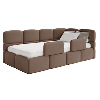 Łóżko młodzieżowe 90x200 cm Cloudy prawostronne z pojemnikiem i barierkami brązowe welur hydrofobowy łatwoczyszczący