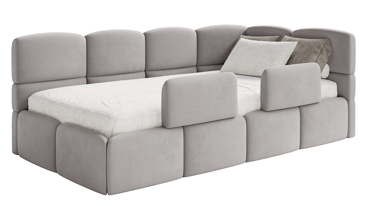 Łóżko młodzieżowe 90x200 cm Cloudy prawostronne z materacem pojemnikiem i barierkami jasnoszare welur hydrofobowy łatwoczyszczący