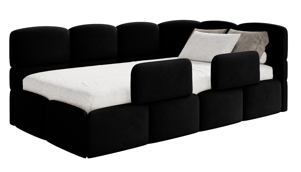 Łóżko młodzieżowe 90x200 cm Cloudy prawostronne z pojemnikiem i barierkami czarne welur hydrofobowy łatwoczyszczący