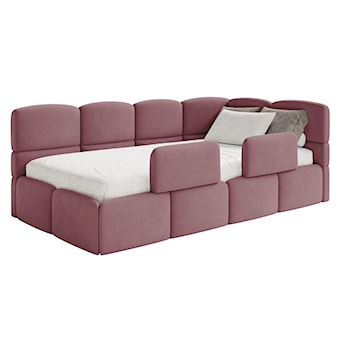 Łóżko młodzieżowe 90x200 cm Cloudy prawostronne z pojemnikiem i barierkami różowe welur hydrofobowy łatwoczyszczący