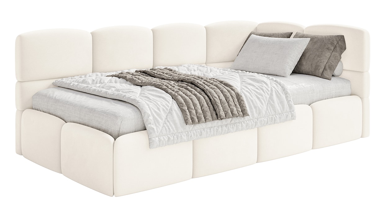 Łóżko młodzieżowe 90x200 cm Cloudy prawostronne z pojemnikiem kremowe welur hydrofobowy łatwoczyszczący