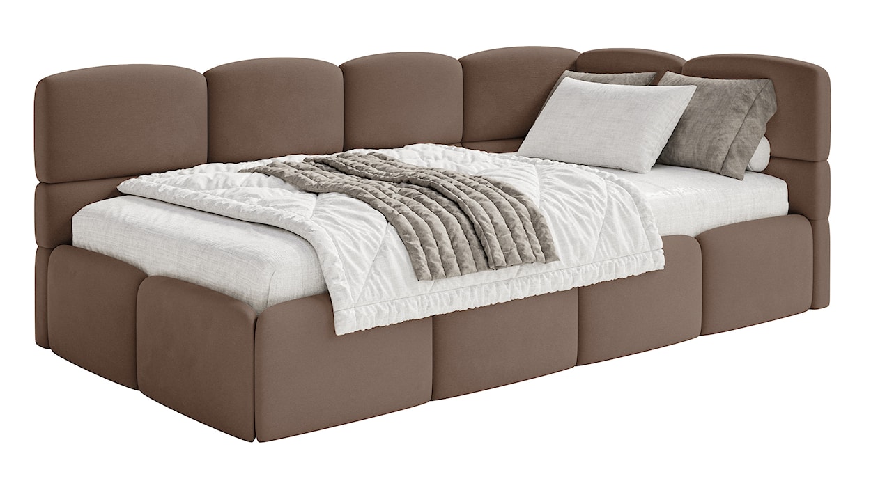 Łóżko młodzieżowe 90x200 cm Cloudy prawostronne z materacem i pojemnikiem brązowe welur hydrofobowy łatwoczyszczący