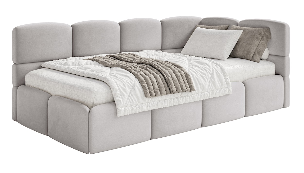 Łóżko młodzieżowe 90x200 cm Cloudy prawostronne z pojemnikiem jasnoszare welur hydrofobowy łatwoczyszczący