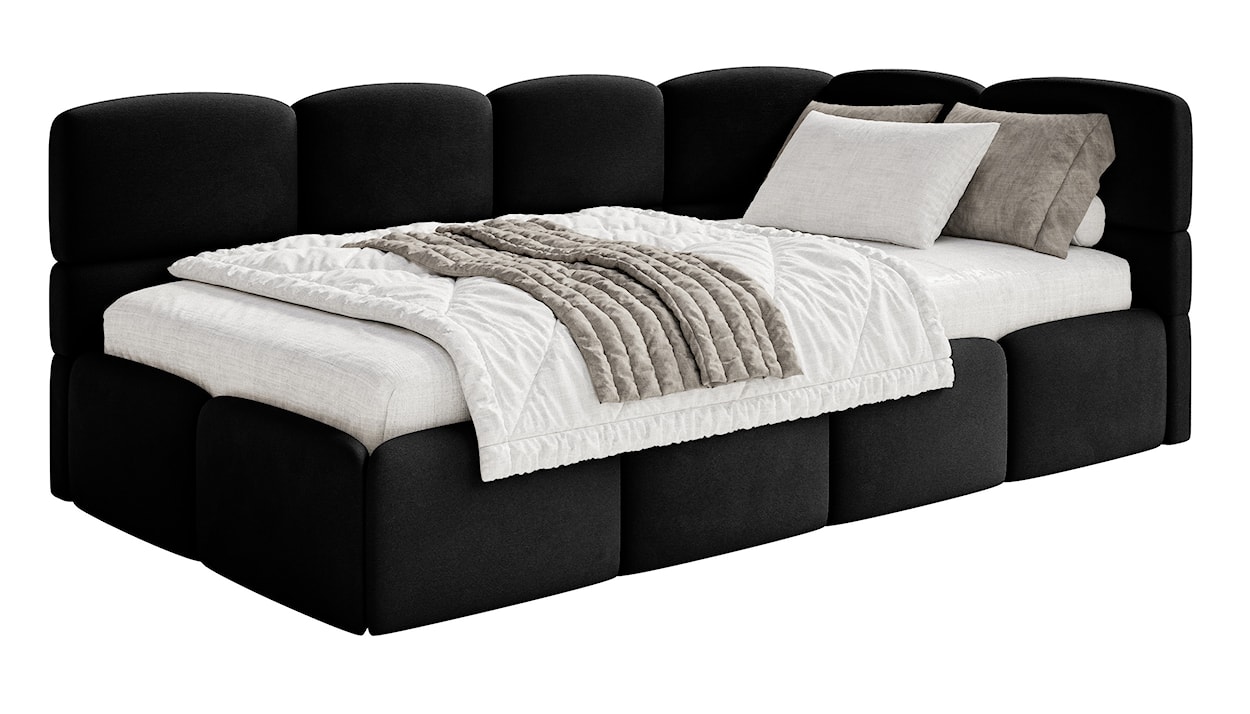 Łóżko młodzieżowe 90x200 cm Cloudy prawostronne z pojemnikiem czarne welur hydrofobowy łatwoczyszczący