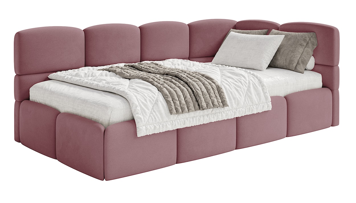 Łóżko młodzieżowe 90x200 cm Cloudy prawostronne z materacem i pojemnikiem różowe welur hydrofobowy łatwoczyszczący