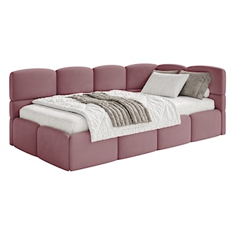 Łóżko młodzieżowe 90x200 cm Cloudy prawostronne z pojemnikiem różowe welur hydrofobowy łatwoczyszczący