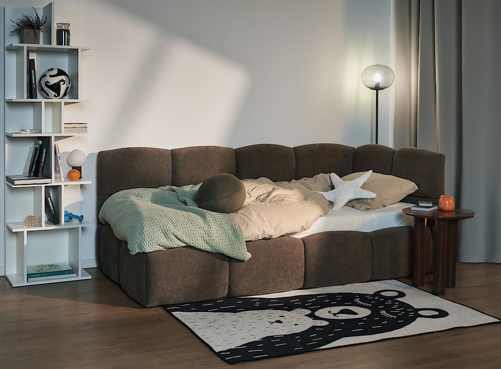 Łóżko młodzieżowe 90x200 cm Cloudy prawostronne z materacem i pojemnikiem brązowe szenil  - zdjęcie 2