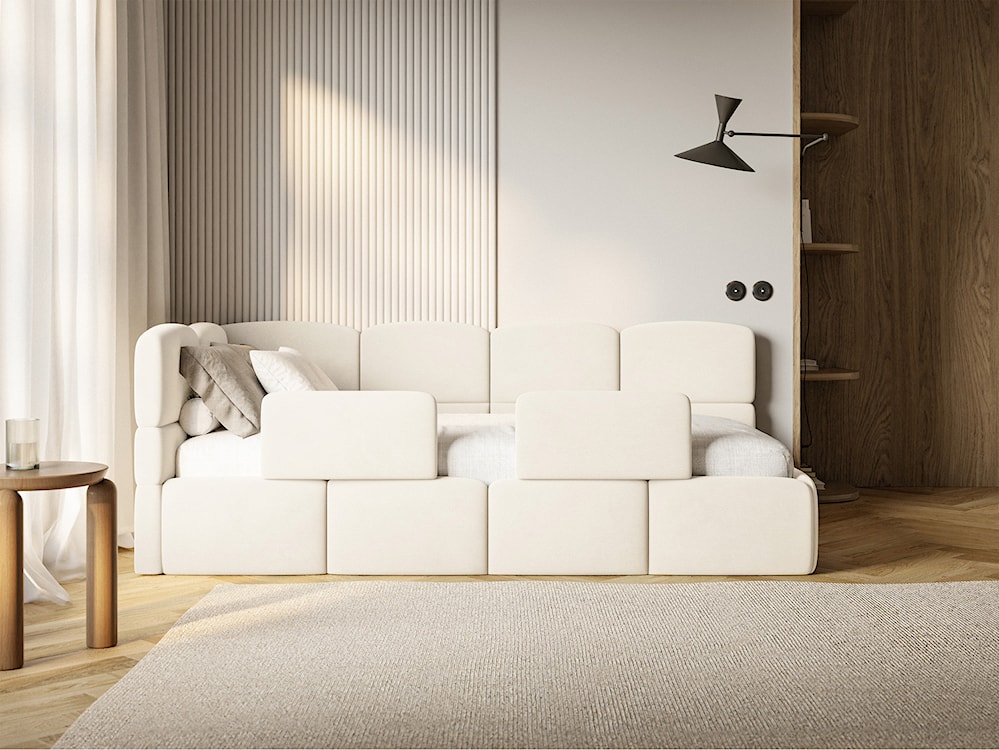 Łóżko młodzieżowe 90x200 cm Cloudy lewostronne z pojemnikiem i barierkami kremowe welur hydrofobowy łatwoczyszczący  - zdjęcie 5