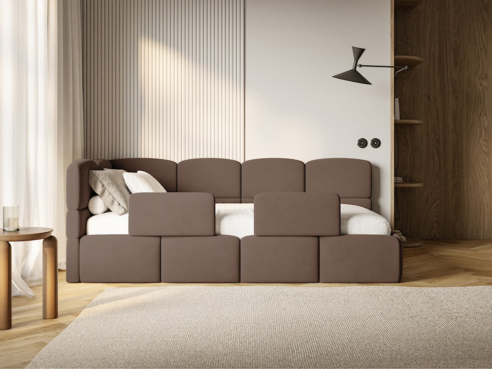 Łóżko młodzieżowe 90x200 cm Cloudy lewostronne z pojemnikiem i barierkami brązowe welur hydrofobowy łatwoczyszczący  - zdjęcie 5