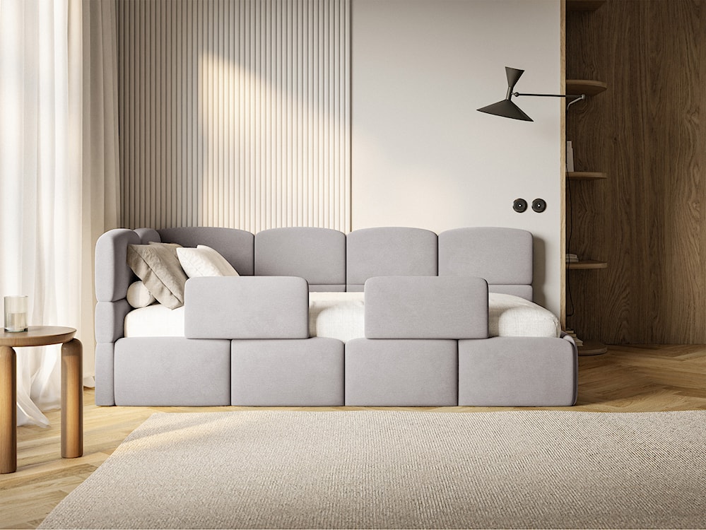 Łóżko młodzieżowe 90x200 cm Cloudy lewostronne z pojemnikiem i barierkami jasnoszare welur hydrofobowy łatwoczyszczący  - zdjęcie 5