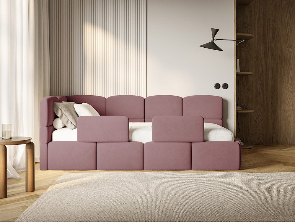 Łóżko młodzieżowe 90x200 cm Cloudy lewostronne z pojemnikiem i barierkami różowe welur hydrofobowy łatwoczyszczący  - zdjęcie 5