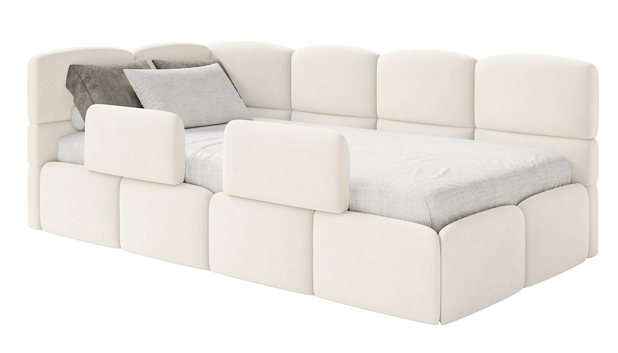 Łóżko młodzieżowe 90x200 cm Cloudy lewostronne z pojemnikiem i barierkami kremowe welur hydrofobowy łatwoczyszczący