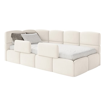 Łóżko młodzieżowe 90x200 cm Cloudy lewostronne z pojemnikiem i barierkami kremowe welur hydrofobowy łatwoczyszczący