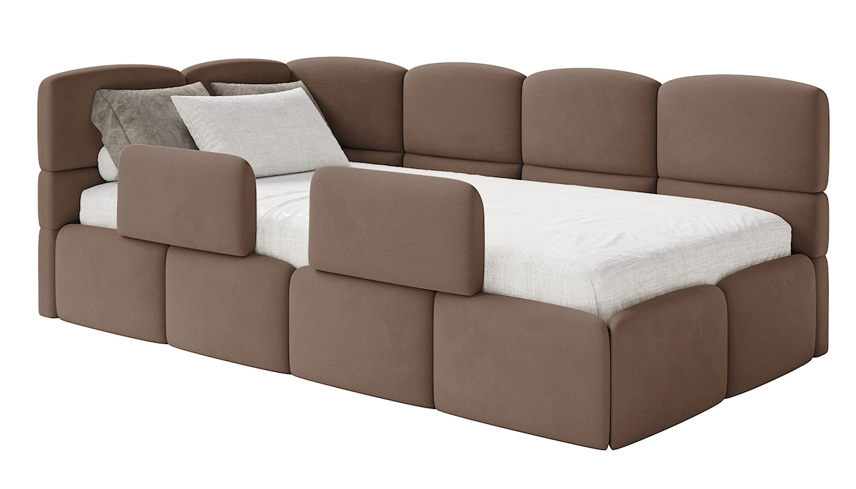 Łóżko młodzieżowe 90x200 cm Cloudy lewostronne z pojemnikiem i barierkami brązowe welur hydrofobowy łatwoczyszczący 