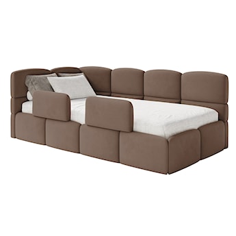 Łóżko młodzieżowe 90x200 cm Cloudy lewostronne z pojemnikiem i barierkami brązowe welur hydrofobowy łatwoczyszczący