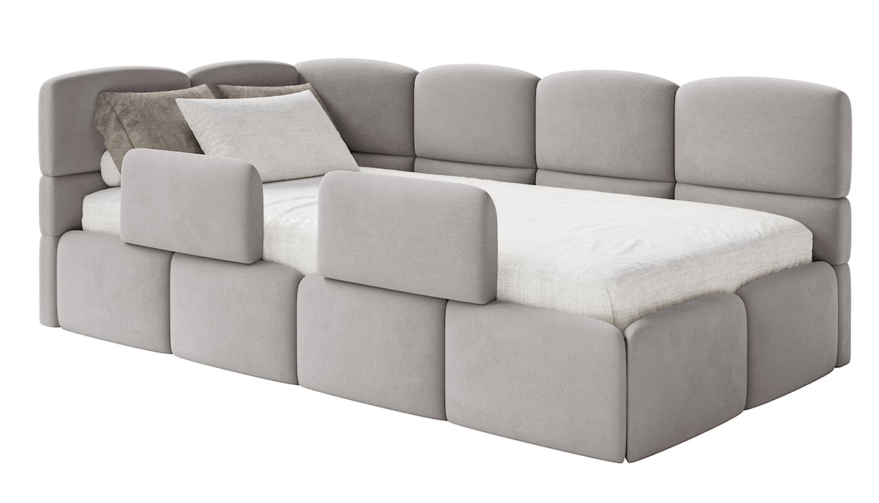 Łóżko młodzieżowe 90x200 cm Cloudy lewostronne z pojemnikiem i barierkami jasnoszare welur hydrofobowy łatwoczyszczący 