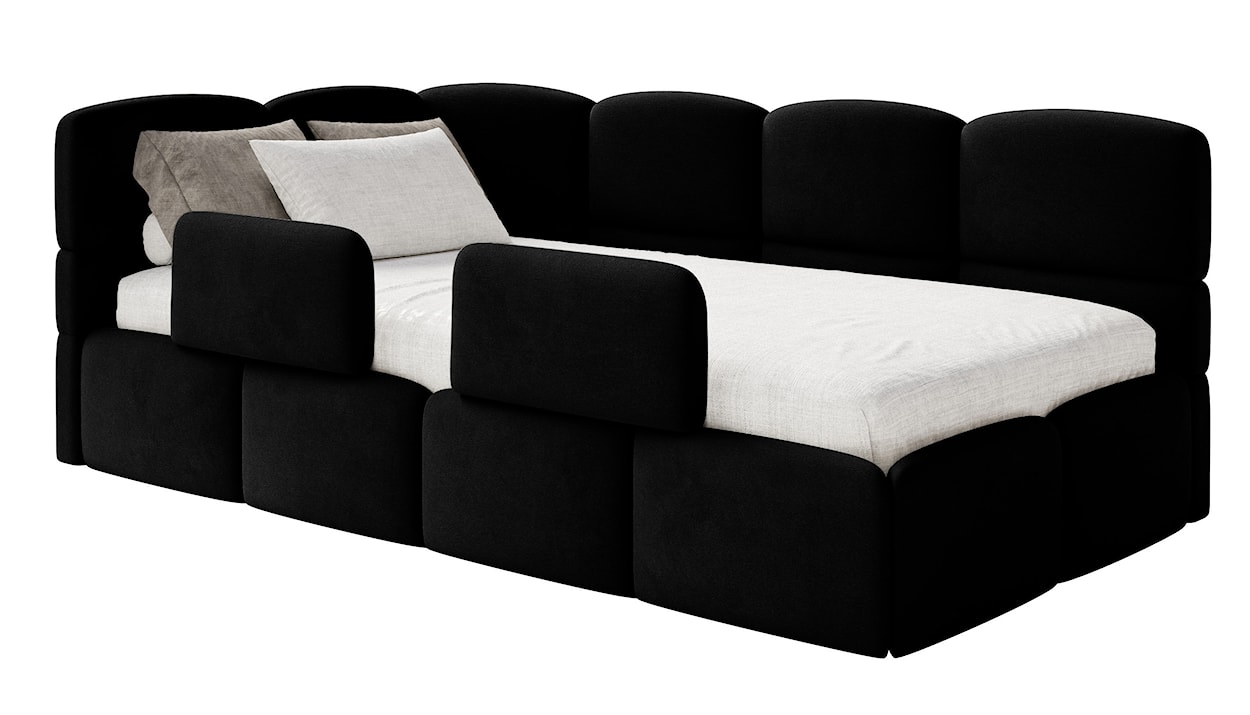 Łóżko młodzieżowe 90x200 cm Cloudy lewostronne z pojemnikiem i barierkami czarne welur hydrofobowy łatwoczyszczący