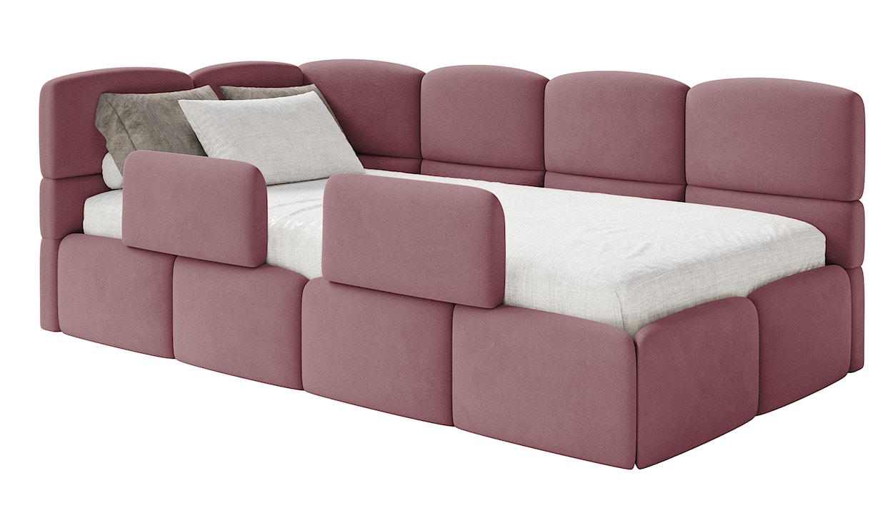 Łóżko młodzieżowe 90x200 cm Cloudy lewostronne z pojemnikiem i barierkami różowe welur hydrofobowy łatwoczyszczący 