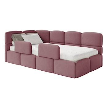 Łóżko młodzieżowe 90x200 cm Cloudy lewostronne z pojemnikiem i barierkami różowe welur hydrofobowy łatwoczyszczący