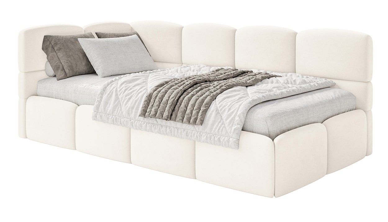 Łóżko młodzieżowe 90x200 cm Cloudy lewostronne z materacem i pojemnikiem kremowe welur hydrofobowy łatwoczyszczący